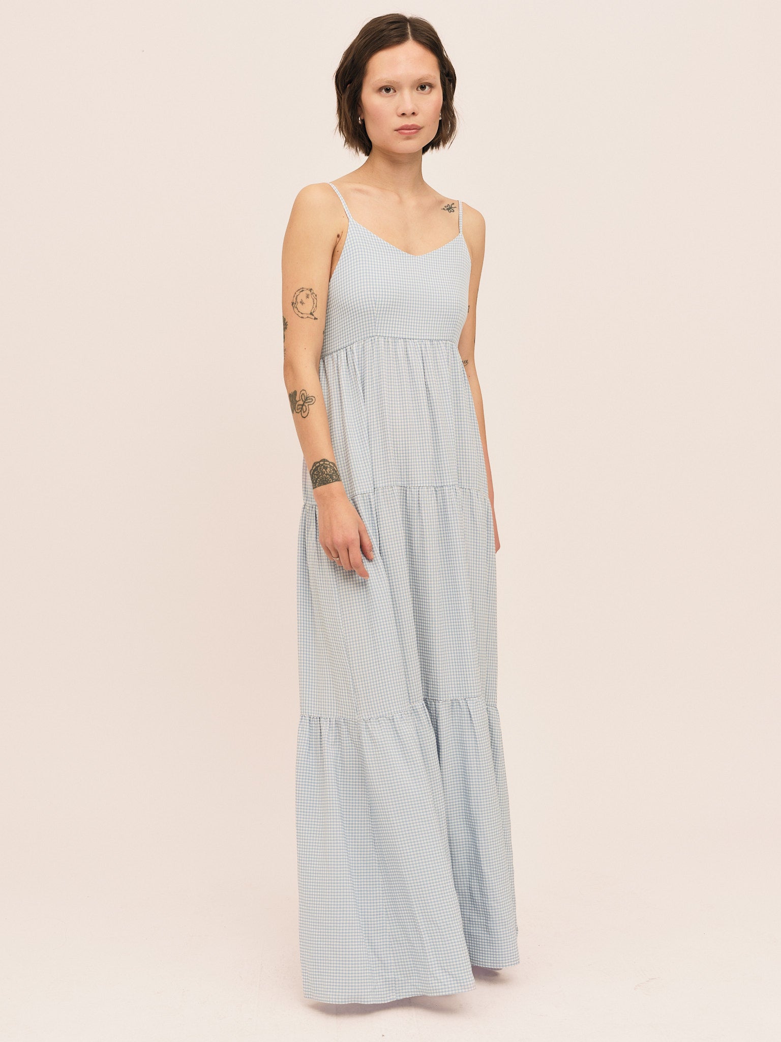 Mari Long Dress - Lt. Blue Checked – Once Untold