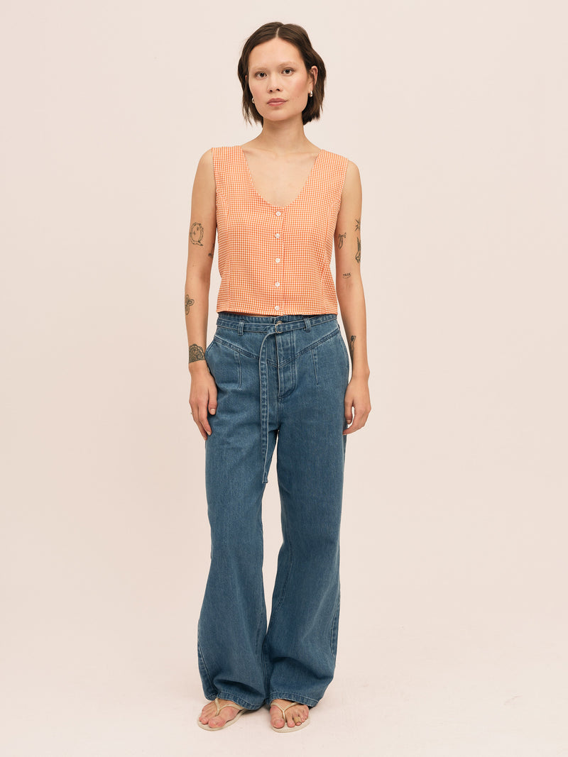 Mari Button Tank Top - Clay Checked