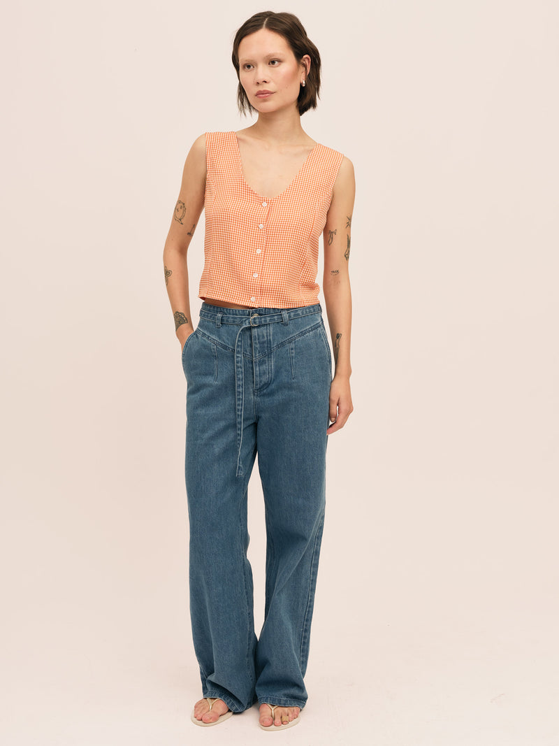 Mari Button Tank Top - Clay Checked