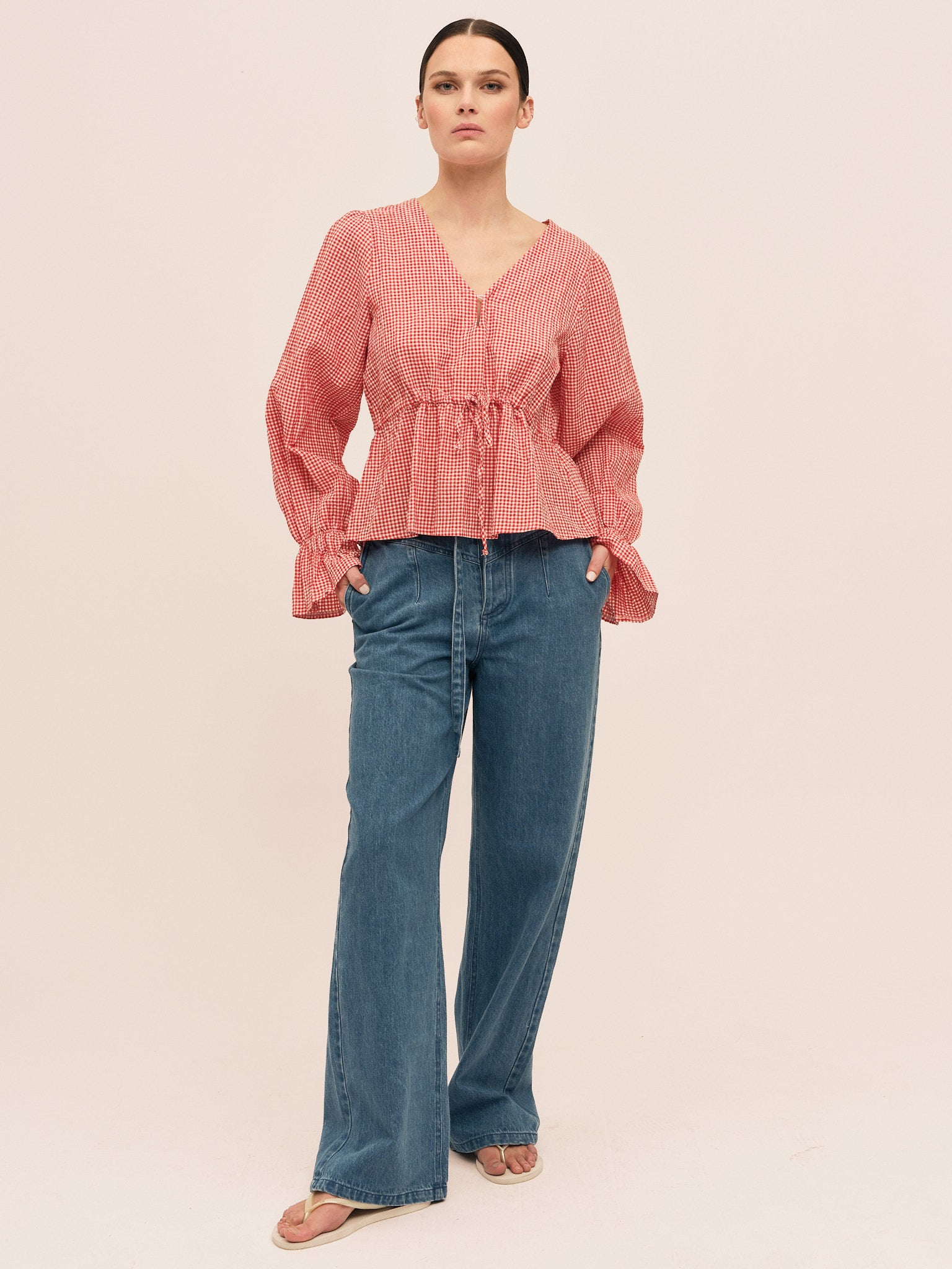 ribbon gather rib blouson 【PELLICULE】 Indiana Ribbon Blouse - Poppy Red Checked – Once Untold