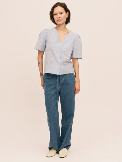 Mai Button Blouse - Lt. Blue Stripe