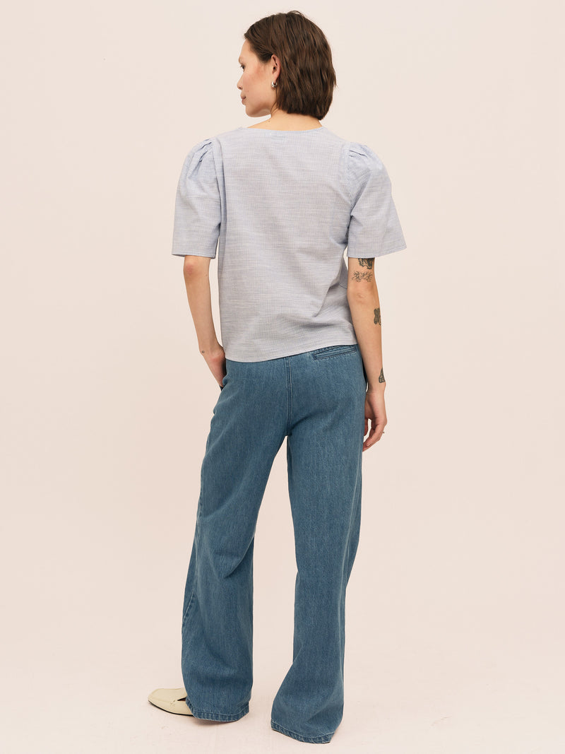 Mai Button Blouse - Lt. Blue Stripe