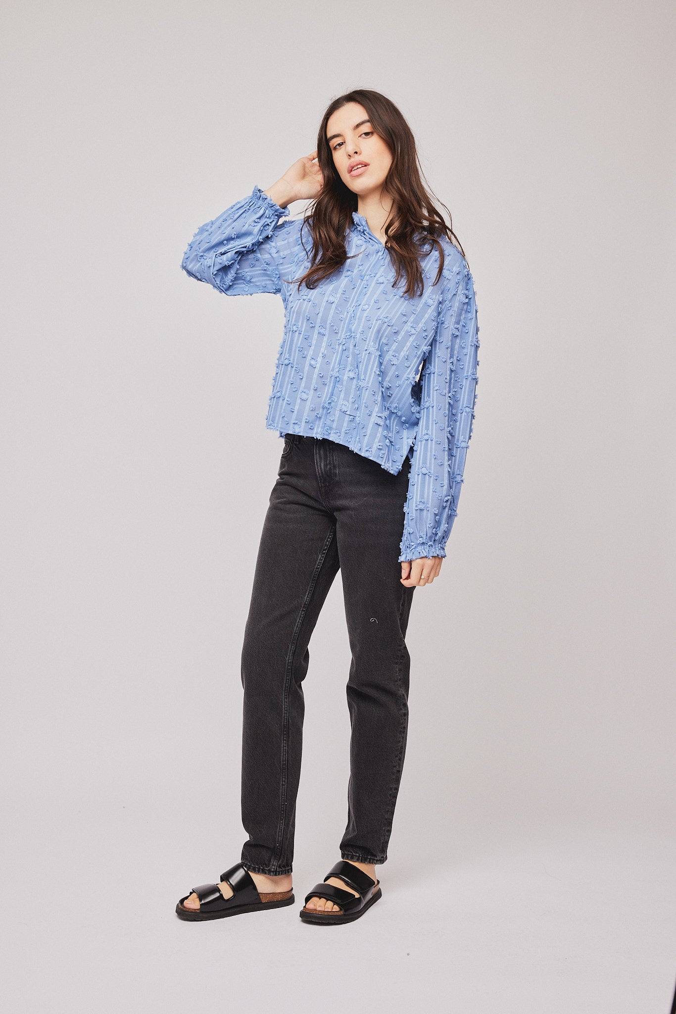 新品ブルレアBluelea Spun Organdy Peplum Blouse Silver Lake Blue Blue Striped Cotton Poplin Peplum Tie